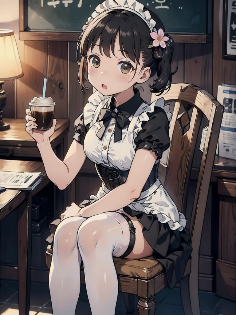 Sitting on a chair with a coffee cup in hand、Black maid dress with a white skirt, White Stockings, Tight corset、Black pumps、Flower Hair Ornaments、