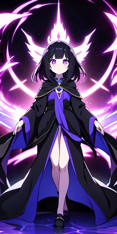 Full body, beautiful eyes , 1 girl  , full body , cute girl , anime style , cute eyes  , (standing up) , ( Abyssia has a haunting presence, with pale skin and long, jet-black hair that seems to fade into shadows. She wears a dark, flowing robe adorned with eerie, glowing symbols that pulse with energy from the Eclipsal Realm..) , ballgown
