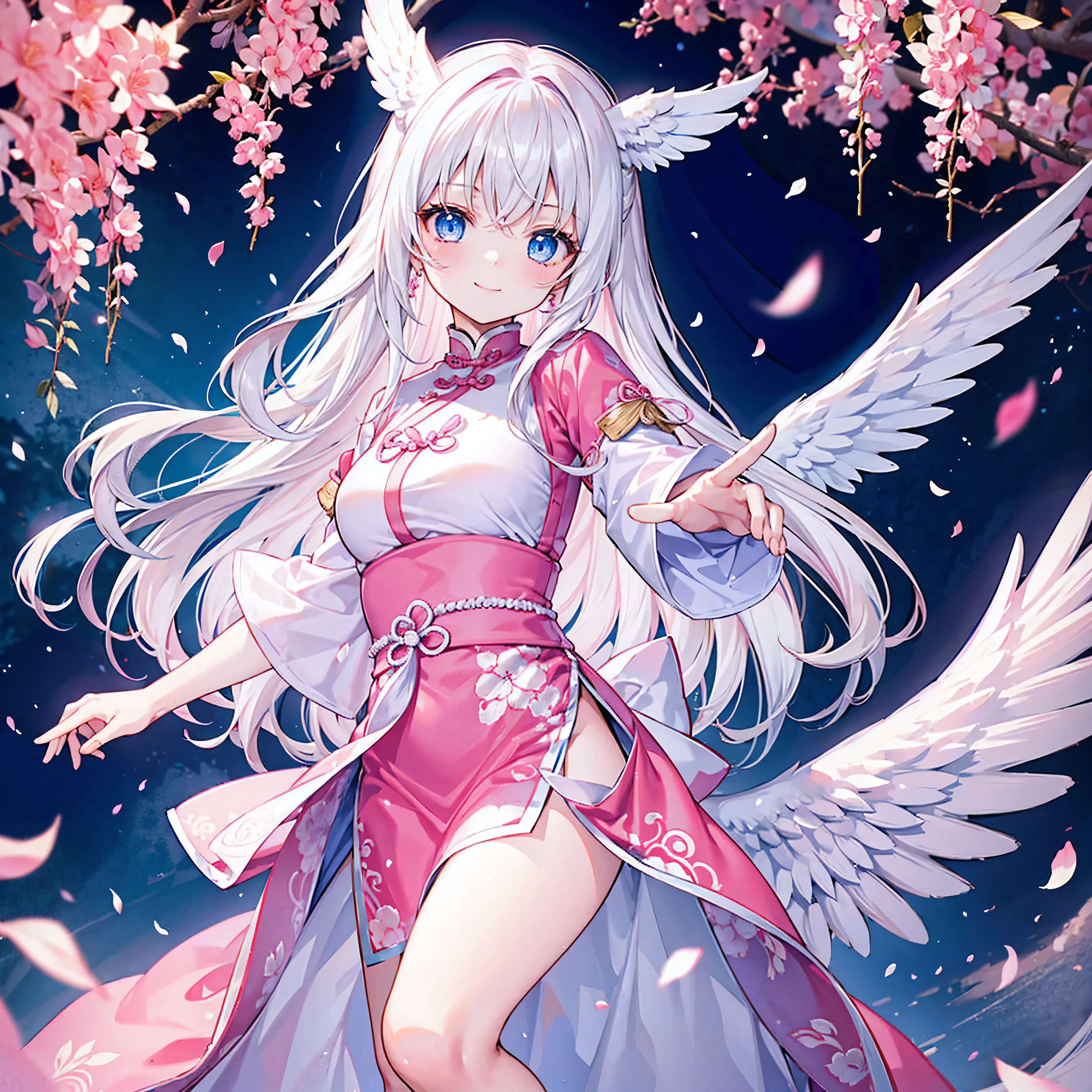 A girl with long white hair and blue eyes、19 years old、Angel wings on the back、Pink china clothes、Kung Fu Pose、Smiling