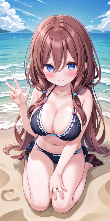 (Highest quality:1.3), nakano miku, Brown long hair, Hair between the eyes, bikini, smile, Big Breasts, Beach, Kneel, (View from above), (blush:1.3)