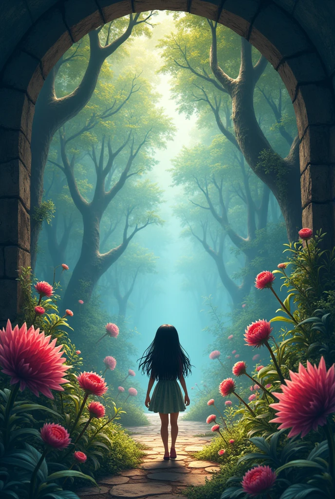 Emerging from the tunnel, Noyna found herself in a forest filled with bizarre trees in vibrant colors, talking flowers, and strangely shaped animals.