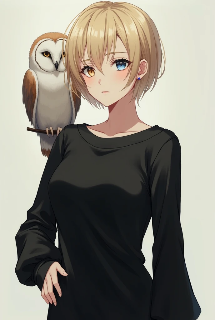 jujutsu kaisen's art style. a beautiful woman, blonde short hair woman, heterochromia eyes, black long sleeve , slim body, white skin, serious face, with a natural strong aura, smart, a dark aura, a sharp eyes, long lashes, a few earrings, a quiet owl behind her