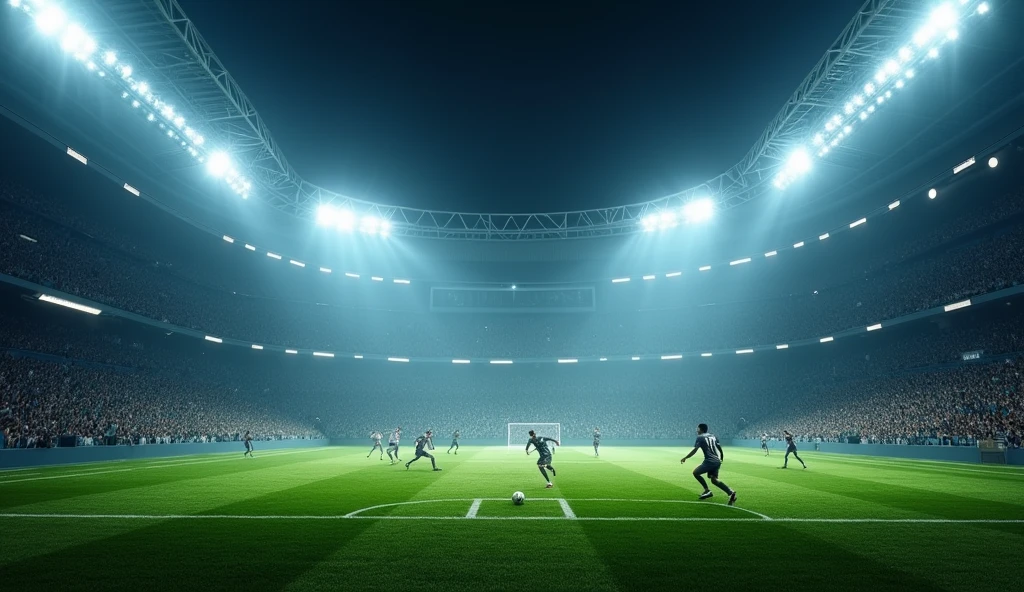 Football field illuminated by stadium lights