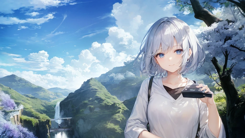Ultra HD,Look at the viewers, Place your hands behind your back, and, 20-year-old, 非常にshort hair, Long bangs between the eyes, Pale blue eyes, Very detailed,(masterpiece、Highest quality),Gray Hair、Laughter、wonderful, Silver Hair, iris, short hair、 Fluttering Hair、Small face、明るいsmile、(Detailed face) ,Professional Lighting,wonderful風景,blue sky, sunlight,Looking down from above,Portraiture、Open your mouth、Flower Field、Her eyes were shining、Mysterious and enchanting atmosphere。With AI Painting、andてもshort hair, Long bangs between the eyes, Very detailed,(masterpiece、Highest quality)、alone、Gray Hair、Fantasy, Silver Hair, Fantasyな風景、smile、Open your mouth、short hair、short hair、hairpin、black eye、Grey Eyes、Beautiful Eyes、Black Shirt、White hoodie