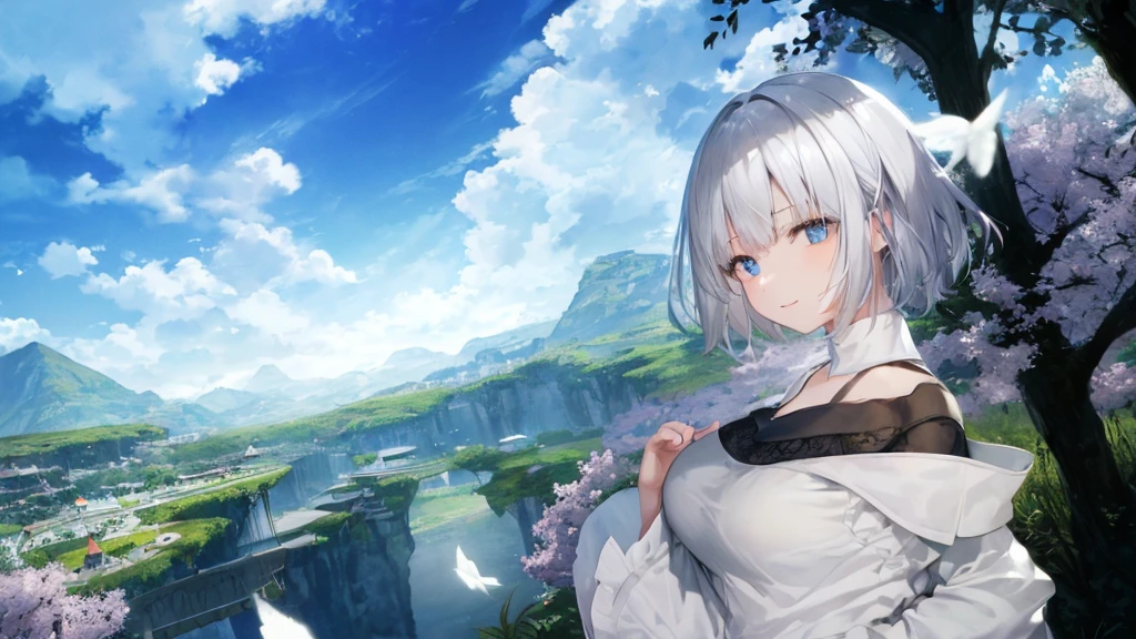 Ultra HD,Look at the viewers, Place your hands behind your back, and, 20-year-old, 非常にshort hair, Long bangs between the eyes, Pale blue eyes, Very detailed,(masterpiece、Highest quality),Gray Hair、Laughter、wonderful, Silver Hair, iris, short hair、 Fluttering Hair、Small face、明るいsmile、(Detailed face) ,Professional Lighting,wonderful風景,blue sky, sunlight,Looking down from above,Portraiture、Open your mouth、Flower Field、Her eyes were shining、Mysterious and enchanting atmosphere。With AI Painting、andてもshort hair, Long bangs between the eyes, Very detailed,(masterpiece、Highest quality)、alone、Gray Hair、Fantasy, Silver Hair, Fantasyな風景、smile、Open your mouth、short hair、short hair、hairpin、black eye、Grey Eyes、Beautiful Eyes、Black Shirt、White hoodie