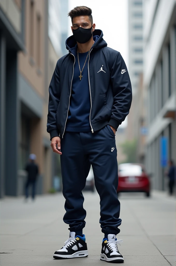 Create a man wearing a mask with a sweatshirt and Olympic pants, a Nike tracksuit, and Jordan 4s.