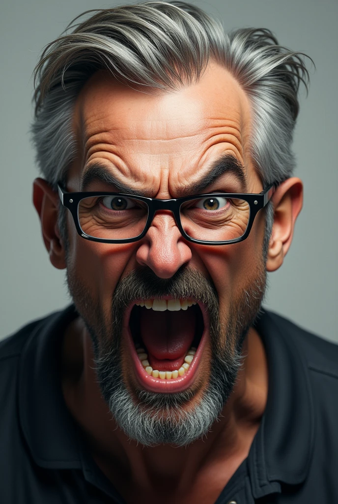 Angry man with gray hair and a goatee wearing glasses shouting.