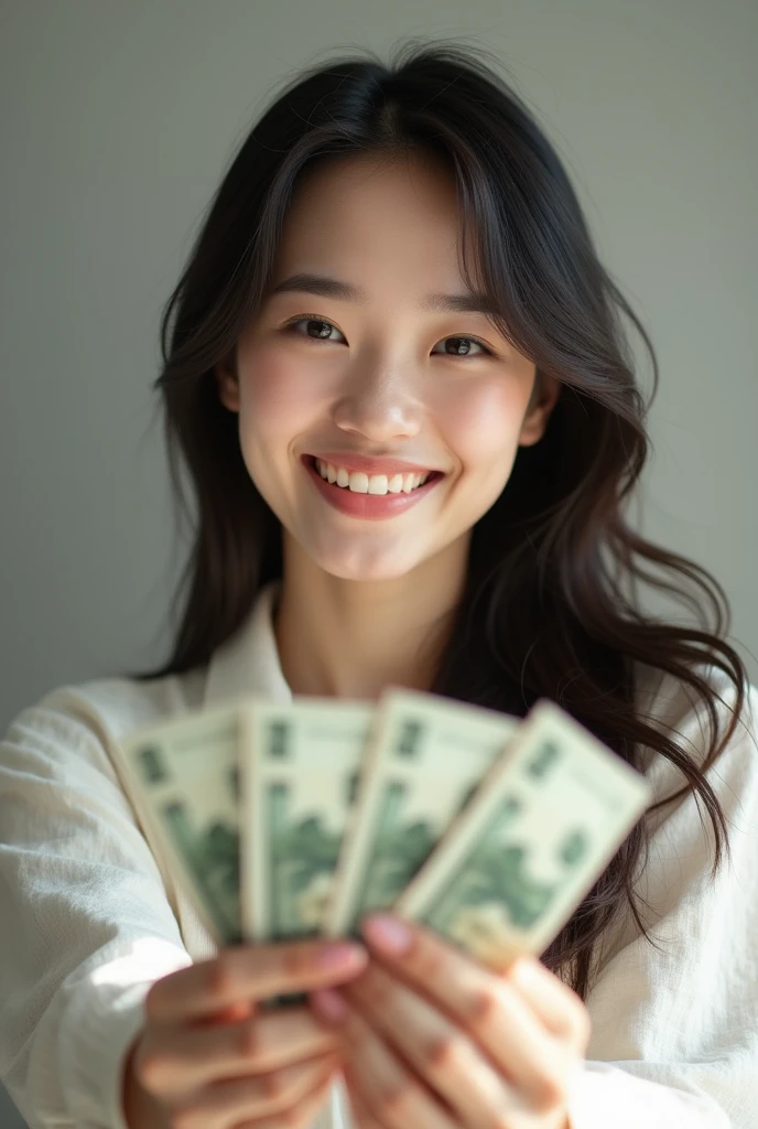 Create an image of an 18-year-old Asian female, holding money in her hand, with a cute and smiling face. The image is full-body, slightly revealing, youthful, and realistic.