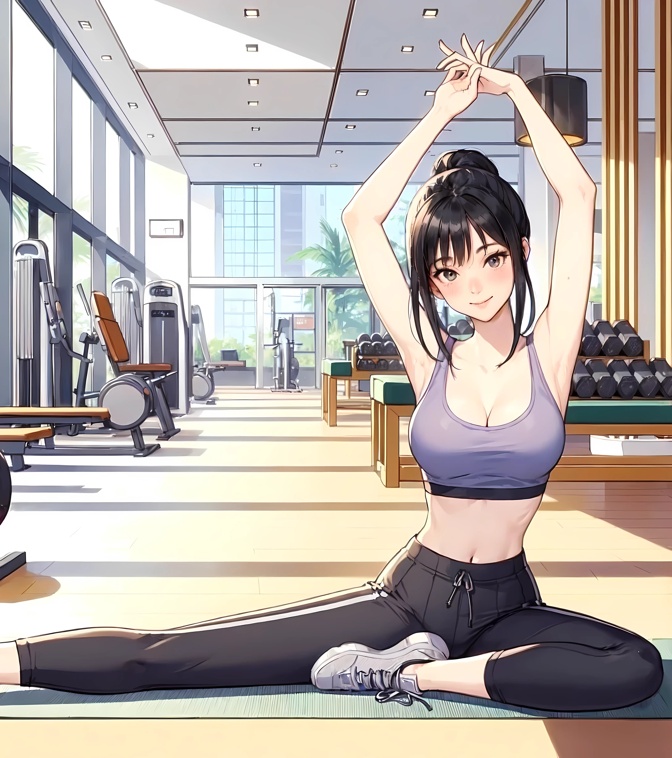 1lady solo, (stretching on yoga mat:1.2) (flexible posing), (arms above head), (stylish gym outfit) (cropped top) (yoga pants), mature female, /(black hair/) bangs, blush kind smile, (masterpiece best quality:1.2) delicate illustration ultra-detailed, large breasts BREAK (fitness gym) indoors, various fitness equipment, energetic, detailed background