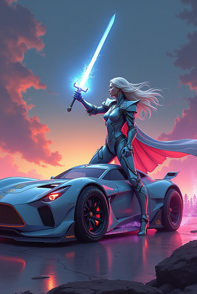 animation comic if a fantasy female paladin knight was a car, incorporate feminine motives and design, magical effects sword