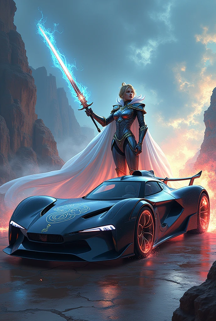 animation comic if a fantasy female paladin knight was a car, incorporate feminine motives and design, magical effects sword