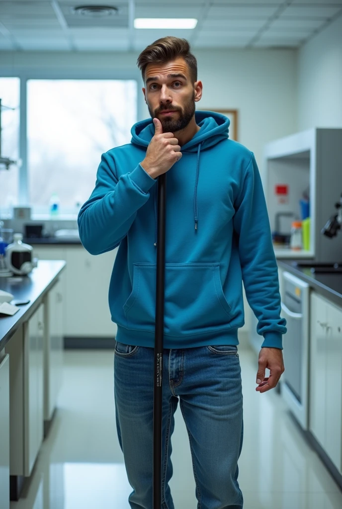 Ek handsome man jiski thodi dadi h or usne ek blue hoodie pehan h or blue jeans pehan h jo ek lab me dannde wala pocha lga rha h wo muh me hath rakhkr herani se front side lpdekhte huye