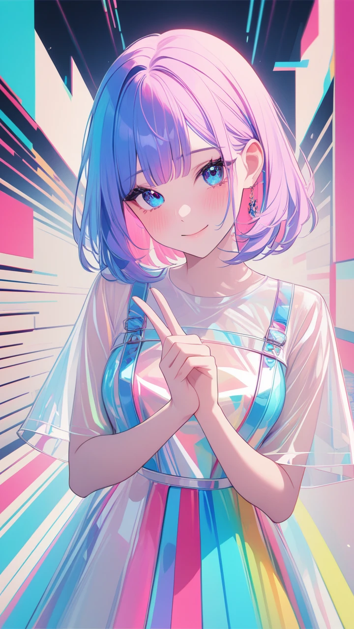 masterpiece, best quality, super wide angle, finger audience, 1girl, pink and blue hair, hand, cute anime face, tears, transparent color PVC clothing, transparent color vinyl clothing, whole body, glitchlump}onface, smile,medium hair, film grain, lens flare, colorful,chromati caberration, dynamicpov, closed mouth, Intense emotional expression:death, glitchart, ultra detailed, extremely delicate and beautiful, album cover, album, album description, Pixilation on face, Double exposure, Chromatic Aberration, Light leaks, Noise and grain, Color degradation, Glitch lettering, art, abstractart, geometry, clear lines, squares, bright, limited palette,{canonical composition}, neat diagonal striped background, {{blue with white striped background}},{limited palette}, flatvcolored,blue and white,
