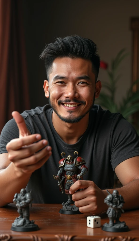 photorealistic, best quality, masterpiece, extremely detailed, front view, extremely handsome, 30 year old borneo man, round face, muscular bodybuilder, baby face, wearing rockband tshirt, holds out a warhammer miniature towards camera, smile, two d6 dice and well-painted warhammer miniatures mid-game on the table, extremely romantic atmosphere, perfect face, perfect fingers, perfect hands, perfection