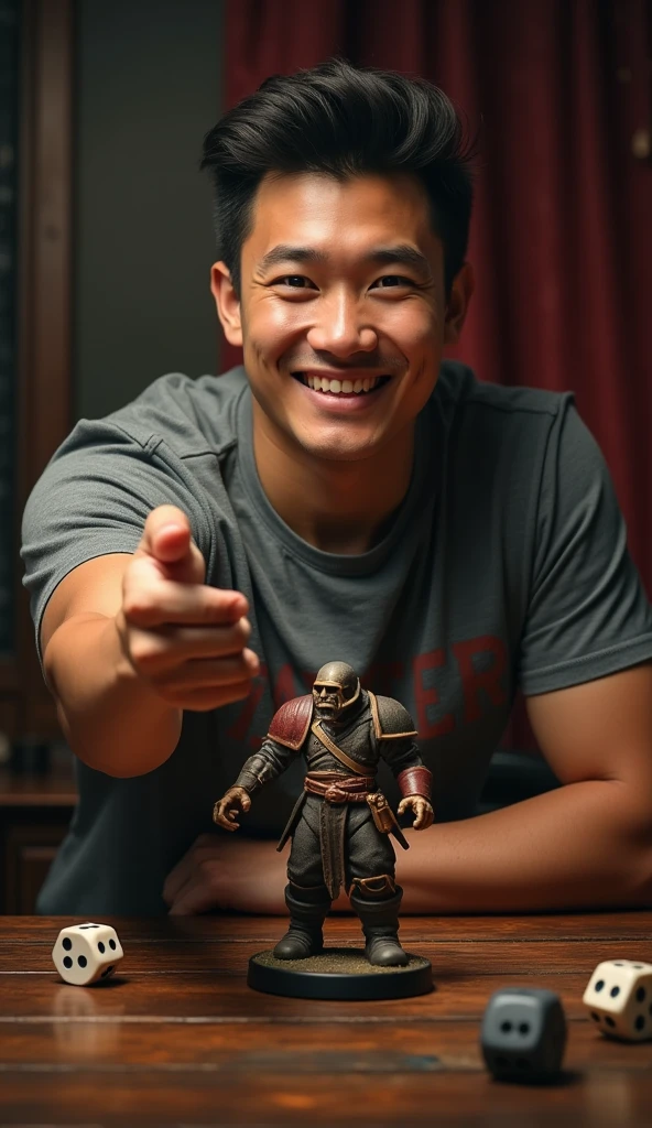 photorealistic, best quality, masterpiece, extremely detailed, front view, extremely handsome, 30 year old borneo man, round face, muscular bodybuilder, baby face, wearing rockband tshirt, holds out a warhammer miniature towards camera, smile, two d6 dice and well-painted warhammer miniatures mid-game on the table, extremely romantic atmosphere, perfect face, perfect fingers, perfect hands, perfection