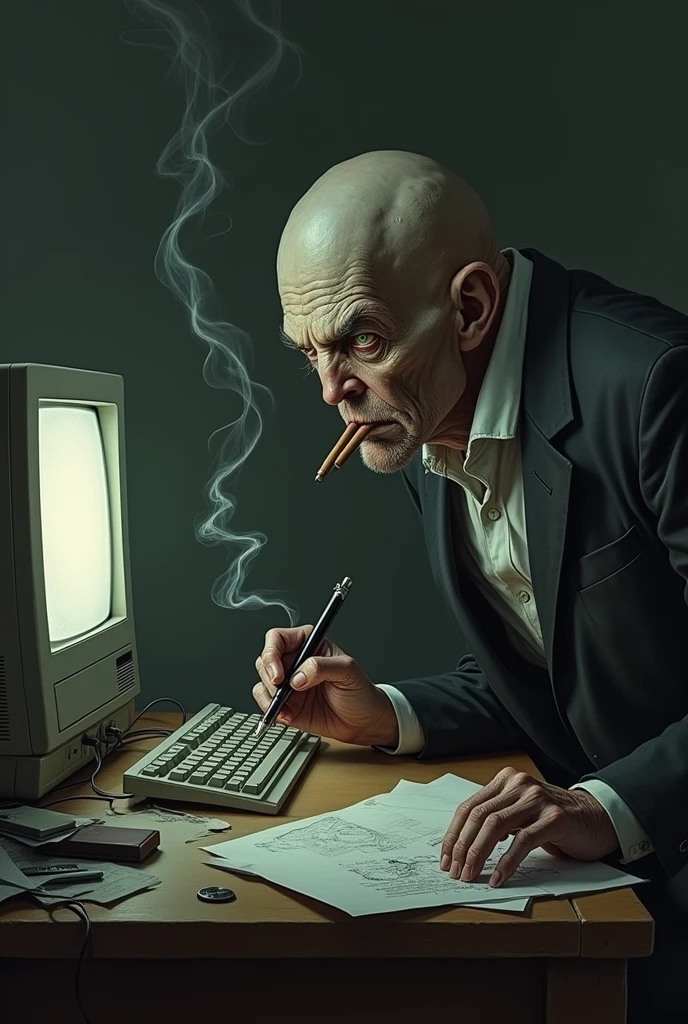 Ugly deformed man sitting at the computer smoking drawing 
