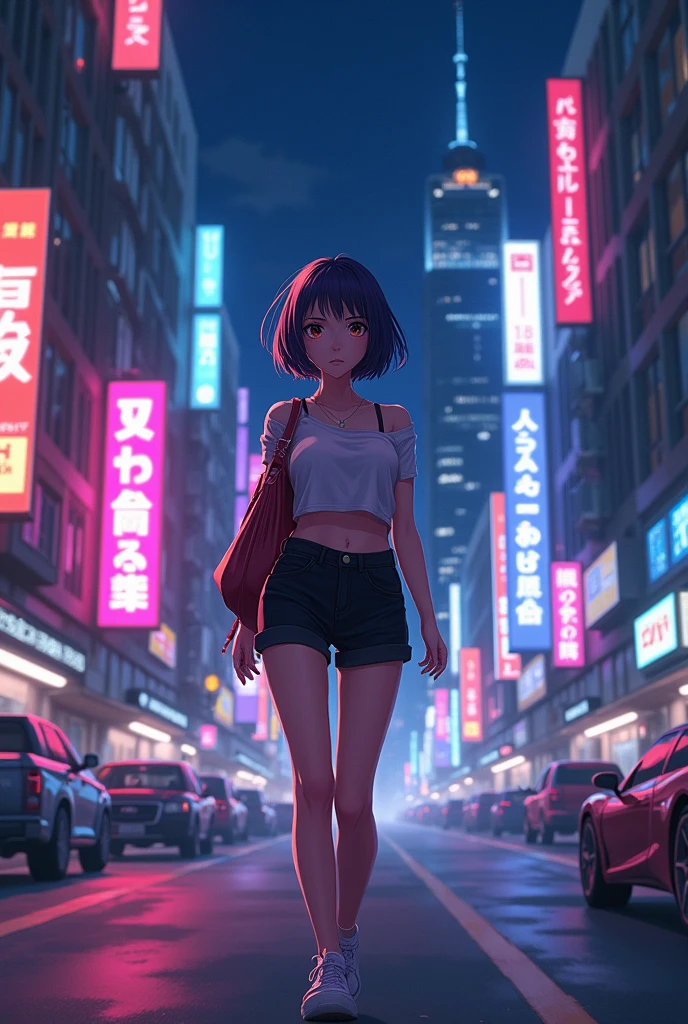 An anime girl with short hair wearing a crop top and black shorts is walking under night 