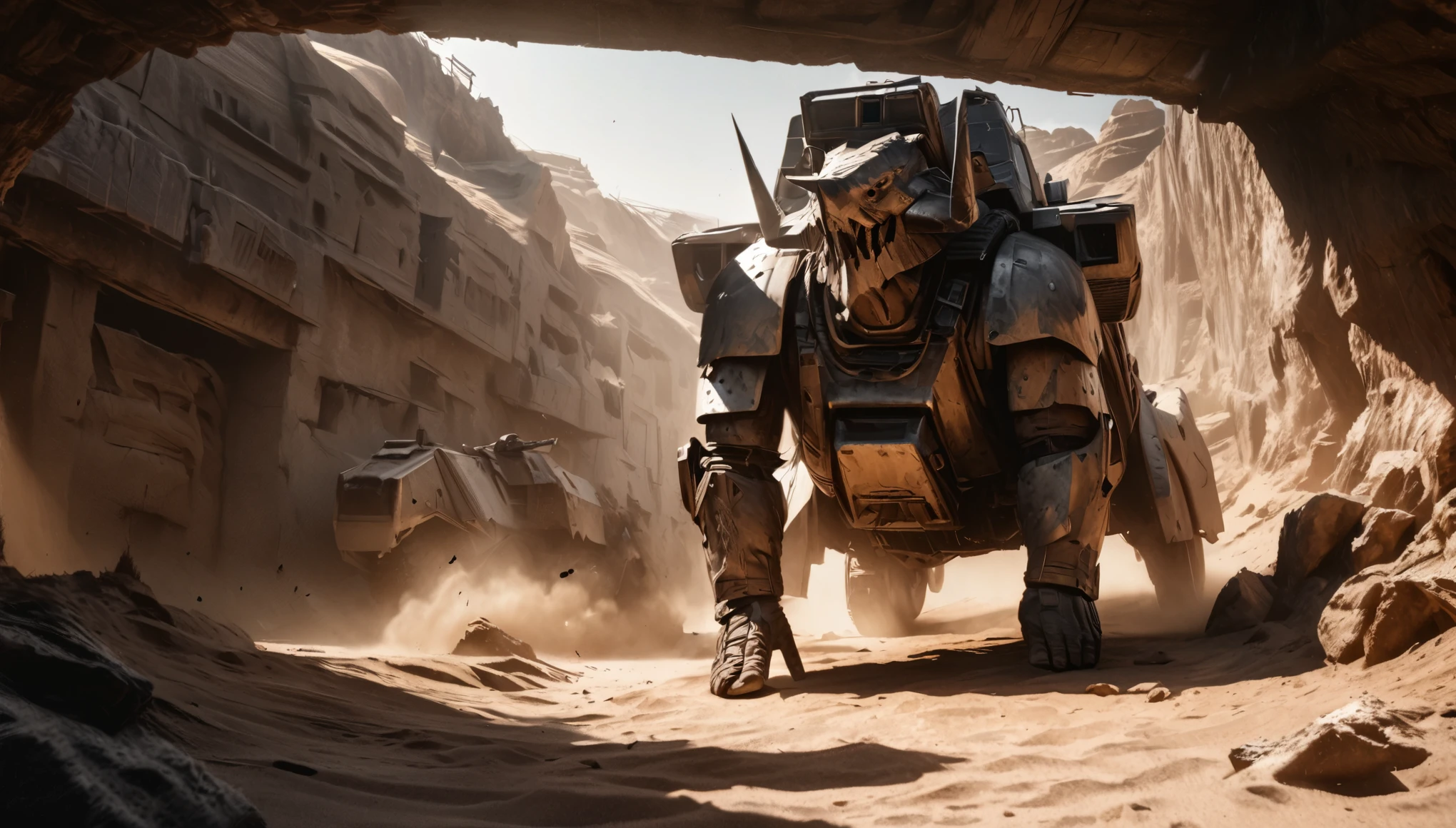 a grim battle-scarred Ultramarine Space Marine helmet off, standing next to a battle-scarred Rhino combat tank in a windy desert daytime, glamour shot from low angle, (best quality,4k,8k,highres,masterpiece:1.2),ultra-detailed,(realistic,photorealistic,photo-realistic:1.37),cinematic lighting,dramatic shadows,moody atmosphere,gritty,high contrast,muted colors,worn textures,imperfections,weathered,rugged