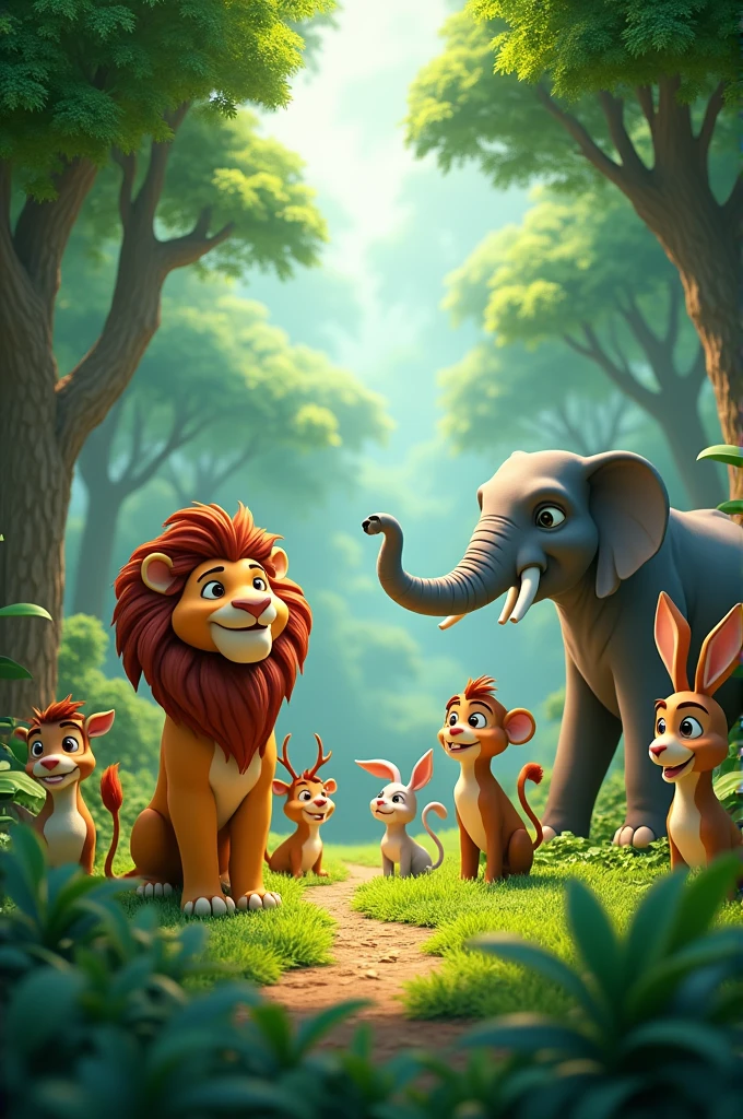 In 3d animation style " A lush, dense forest with various animals like lions, elephants, monkeys, deer, and rabbits living together peacefully"