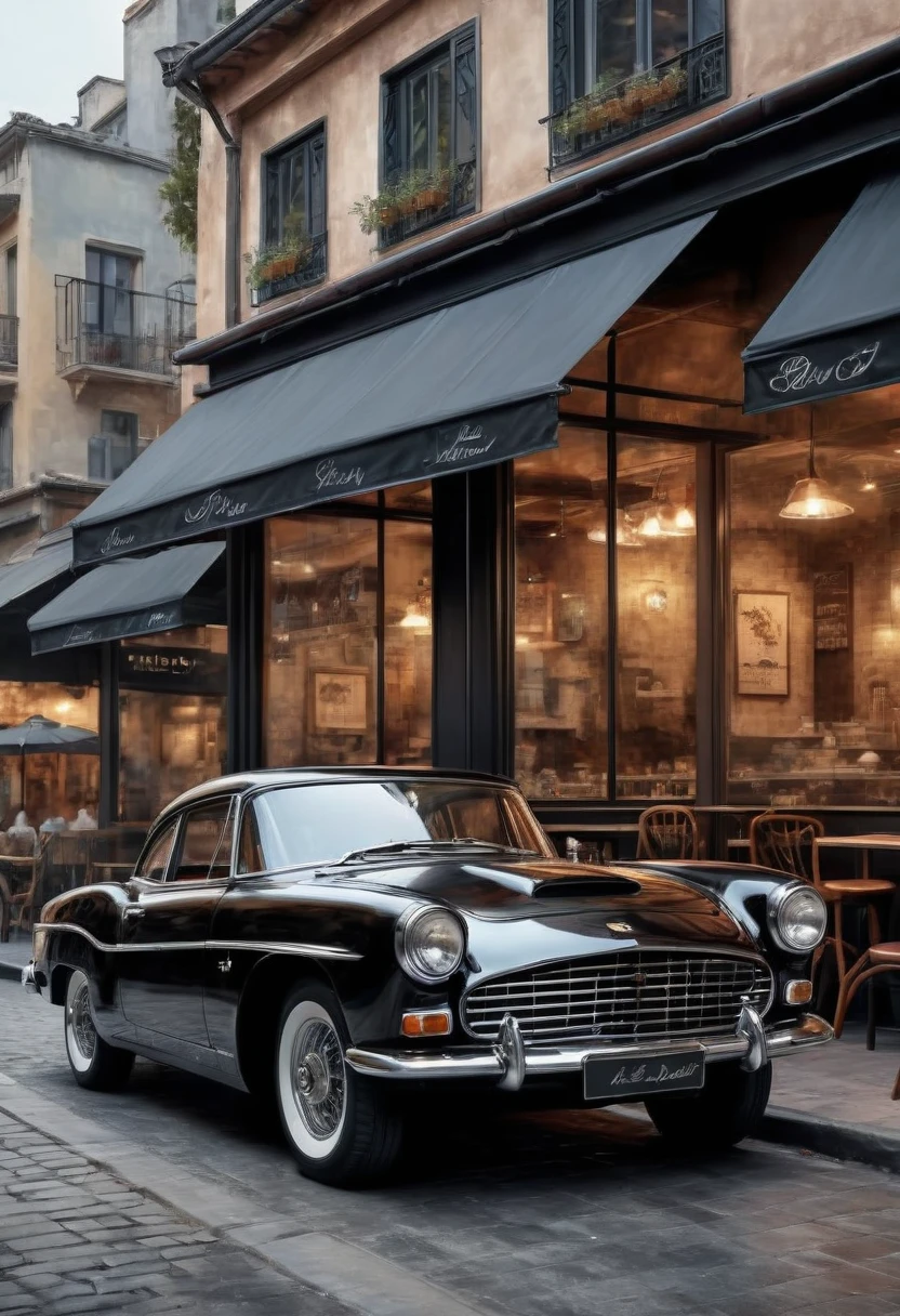   ( perfect anatomy )masterpiece, Exquisite, delicate, fresh and elegant aesthetic style airbrush digital oil painting exquisite artwork creates a refreshing morning coffee shop scene photo，

                  black classic car(Unique style)特寫black classic car( perfect anatomy ) Elegantly parked on the street next to a coffee shop.coffee shop scene masterpiece,

                             Very detailed, Realistic original photos, Best film quality, Extremely fine texture, High-quality work by a master artist
