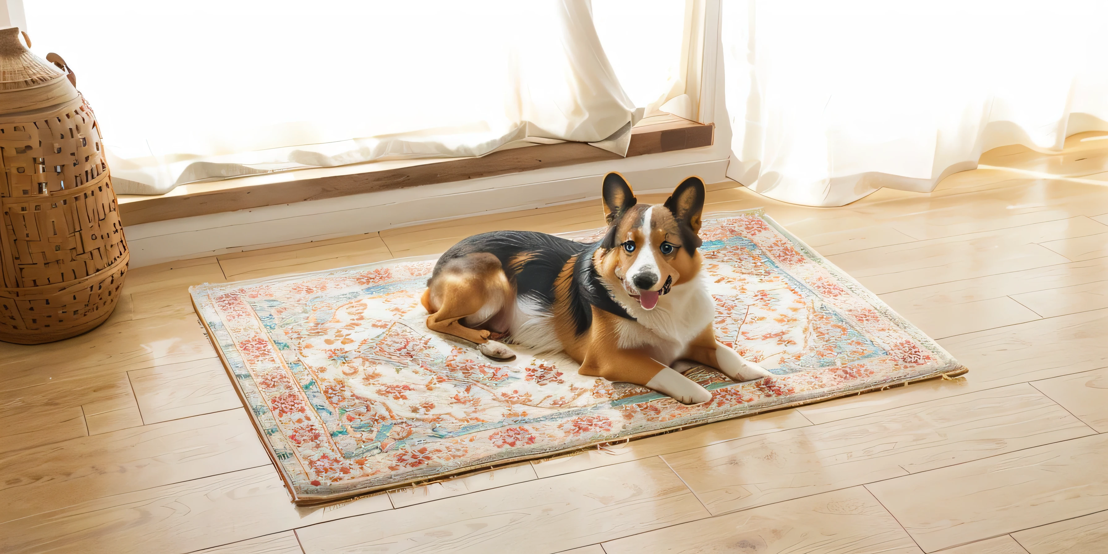 there is a dog that is laying on a Small carpet on the floor, Corgi, cute Corgi, Small carpet, detailed patterned Small carpet, finance, Small carpets, Corgi,Printed carpet, carpet, ocher, puppy, High-resolution scanning, High-resolution scanning, Striking an elegant pose, Natural light and shadow，Product Image