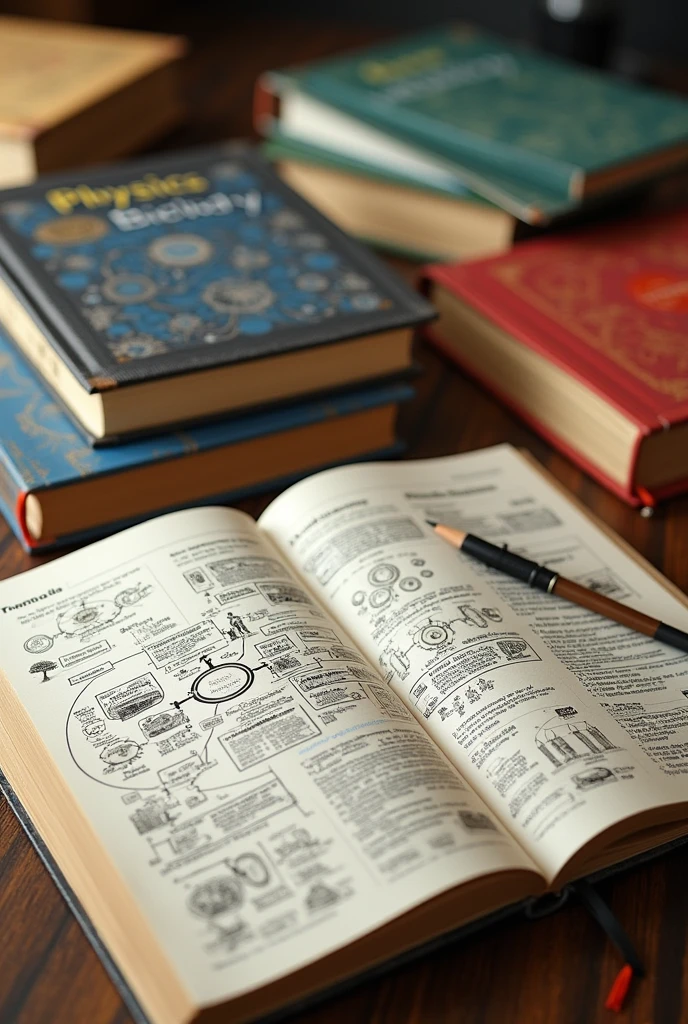 physic math biology and chemistry books on table, open copybook with mindmap