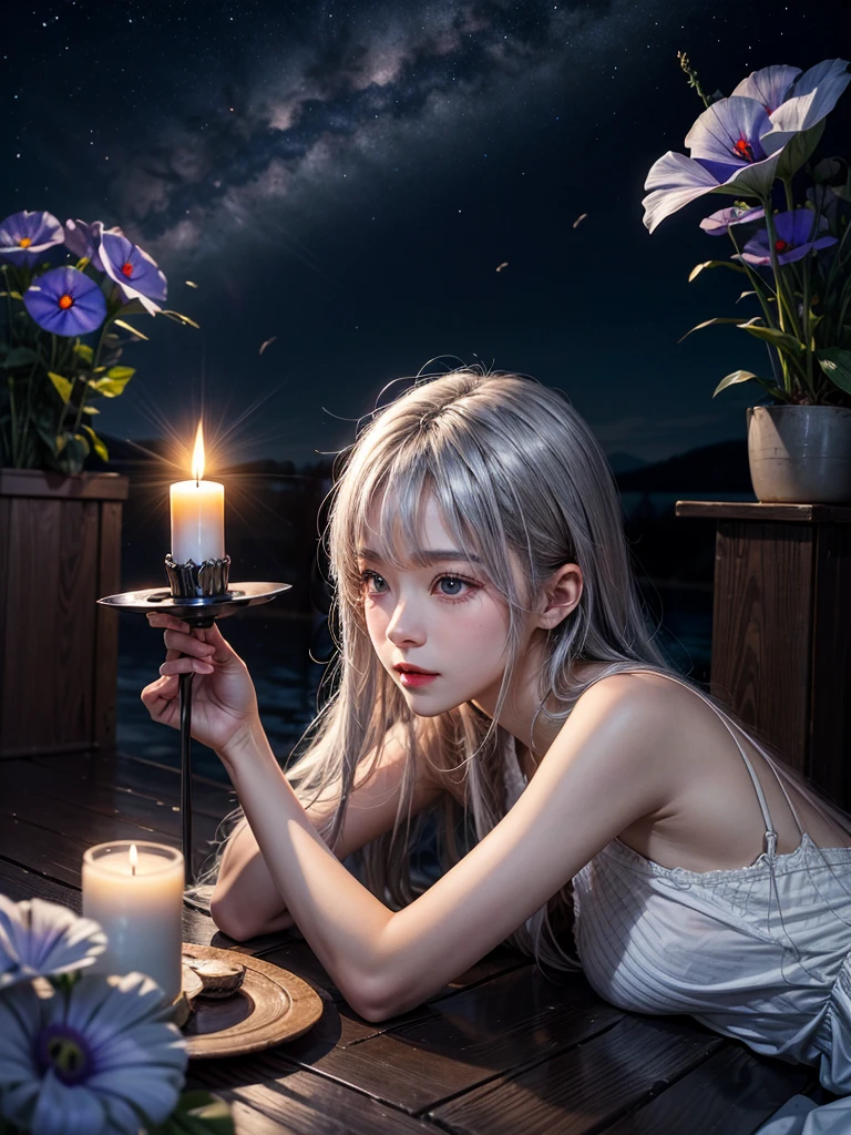 Silver candle autumn light cold painting screen,Light Luo small fan fluttering firefly。 The sky is as cool as water at night,Lie down and watch Morning Glory Vega。