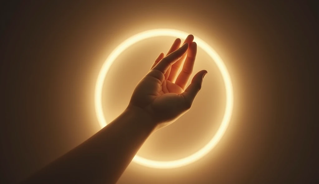 An open hand in prayer, illuminated by a soft golden light that seems to emanate from the heavens. The hand is delicately sculpted, transmitting devotion and faith. No fundo, we see a faint halo of light.