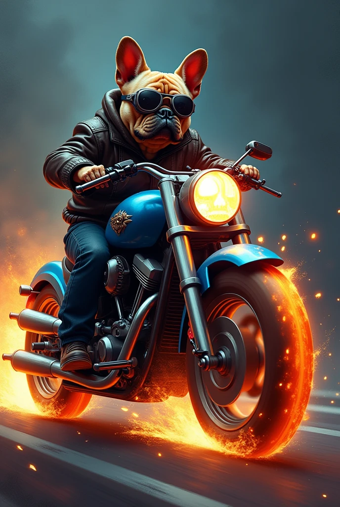 French bulldog biker on a blue motorcycle with wheels on fire and skulls
