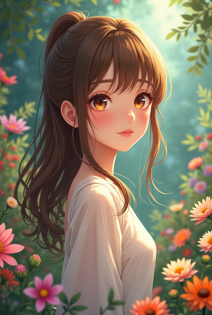 Anime girl, brown hair, brown eyes, , wearing tops, flower garden background, myth 