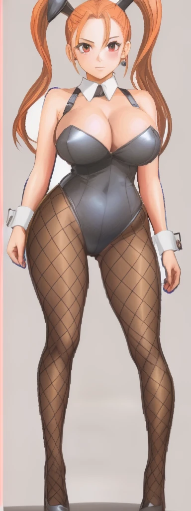 Jessica, with her large breasts, beautiful legs, and twintails, is standing with her hands on her hips, wearing a black high-cut bunny suit and fishnet tights.。