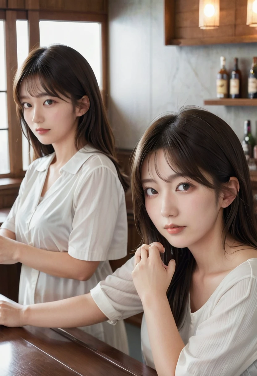 Three women waiting at the bar counter、shopkeeper、