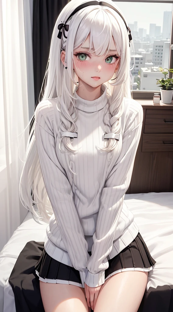 Character Details:, - Gender: 1 Girl.
- Style: Anime, - Body Type: Attractive body, slim body, nice legs, slim tights, nice arms, nice shoulders. - Breast: (Small Breast:1.2)- Facial Feature: Beautiful, Gorgeous, ager, Fresh, Young.
- Expression: Shy, Pink Blush on Face, small smile (Sweating:1.4), Innocent Look, Tipsy, emerald green eyes. - Hairstyle: Blunt Bangs. - Hair Color: (White Hair:1.5), (Cute Long Hair:1.3),
- Clothing: (Girly White and Black Sweater, Girly White and Black Skirt:1.6),). - Body Pose: (Sitting on bed:1.3), (Hands down).. - Behaviour: Waiting, Want Something, Secretly.
- Accessories: Earrings, thin Black Head band, Hair Accessories, Environmental Details:, - Setting: Bed Room., - Lighting: Natural Light., - Decoration: Modern Bed, Chair, Window, White Curtain, City View. Top view. pov, anime style, UHD, retina, masterpiece, accurate, anatomically correct, textured skin.