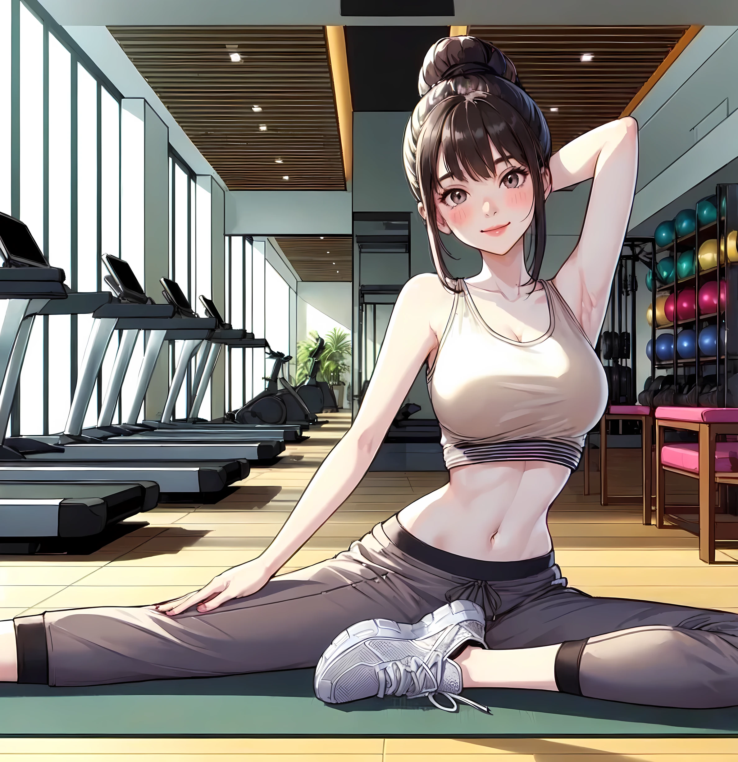 1lady solo, (stretching on yoga mat:1.2) (flexible posing), (arms above head), (stylish gym outfit) (cropped top) (yoga pants), mature female, /(dark brown hair/) bangs, blush kind smile, (masterpiece best quality:1.2) delicate illustration ultra-detailed, large breasts BREAK (fitness gym) indoors, various fitness equipment, energetic, detailed background