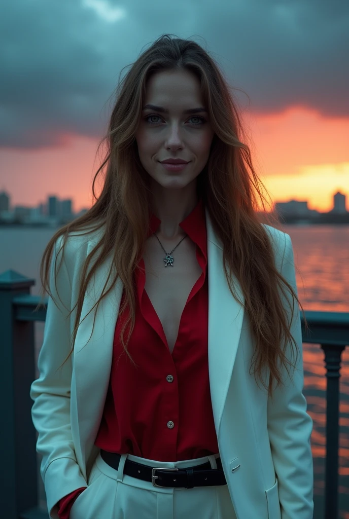 Very beautiful Slavic woman, pale skin, long light brown hair, A Necromancer, light shadow effects, white trouser suit without unnecessary details, Red blouse, black wide leather belt, photo, crap, sun glare, Against the background of a metal bridge near the shore, water, The city, sun, sundown, Low storm clouds, indigo, photo, slight smile, body complet, sharp-focus, dynamic sexy pose, professional photograph the photo was shot on a Sony Alpha a7R IV camera and a Sony FE 85mm f/1.8 lens, aperture f/1.8, shutter speed 1/125s, ISO 800. swirling bokeh, sharp-focus, high skin detail, sharpness, Character portrait, perfect lighting, tmasterpiece, Detailed background, Movie Lighting, 8k