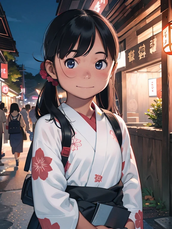 2People Girl、、Naive girl、shrine、summer night、Japan Summer Festival、stall、Lantern、(Girl in Yukata、A girl holding a fan)、shrineの境内を並んで歩いている、smile、slender、ponytail hair, fullbody shot, flont view, looking at viewer,