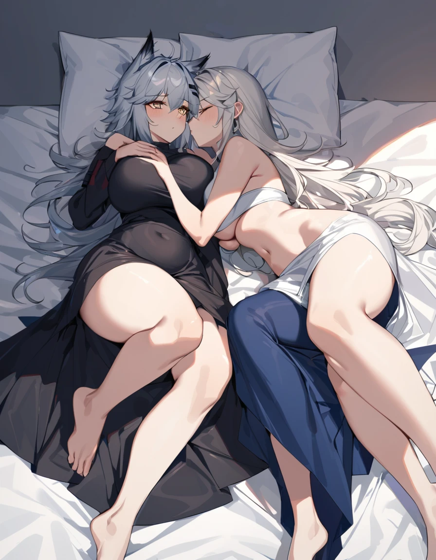 2women,Texas(Arknights),Lappland(Arknights),dark blue hair(Texas),white hair(Lappland),curvy bodies, big breast,big thighs, wearing Muslim dresses, hugging each other, laying on bed, kissing,nsfw.