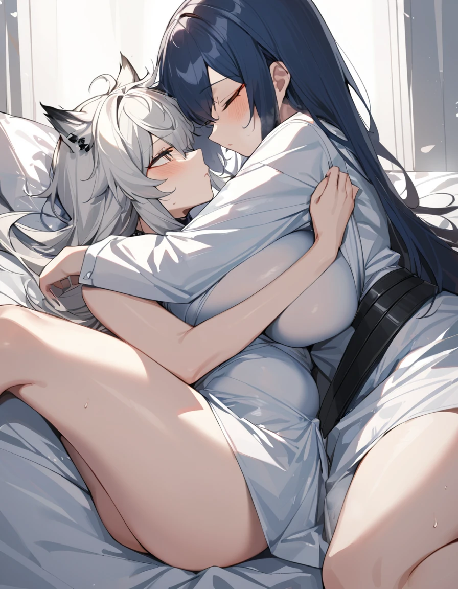 2women,Texas(Arknights),Lappland(Arknights),dark blue hair(Texas),white hair(Lappland),curvy bodies, big breast,big thighs, wearing Muslim dresses, hugging each other, laying on bed, kissing,nsfw.