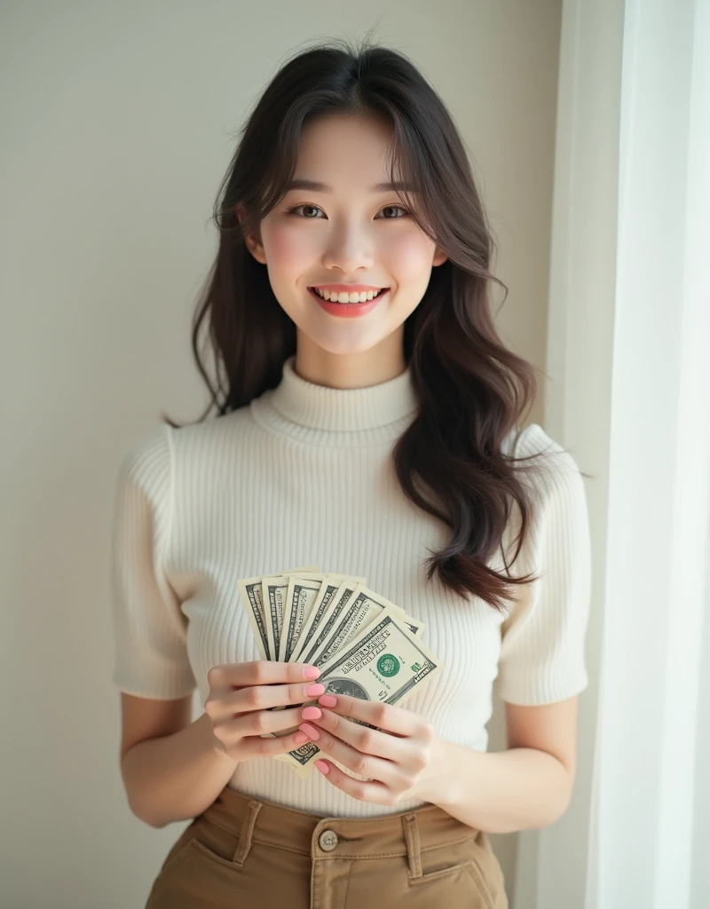 Create an image of an 18-year-old Asian female, holding money in her hand, with a cute and smiling face. The image is full-body, slightly revealing, youthful, and realistic.