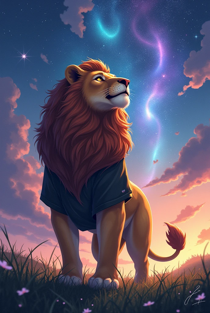solo, male, mature male, (male anthro lion:1.3), (yellow body:1.1), (standing:1.3), (kemono:1.2), (starry sky:1.23), t-shirt, (clothed), (looking up:1.4), (raised head), (side view), galaxy, aurora, (rainbow:1.3), detailed eyes, portrait, dragon tail, horn, (detailed eyes), (outside:1.35), grass,