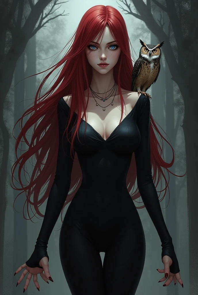 jujutsu kaisen's art style. a beautiful woman, dark red very long hair woman, heterochromia eyes, black long sleeve , slim body, white skin, serious face, with a natural strong aura, smart, a dark aura, a sharp eyes, long lashes, a few earrings, a quiet owl behind her