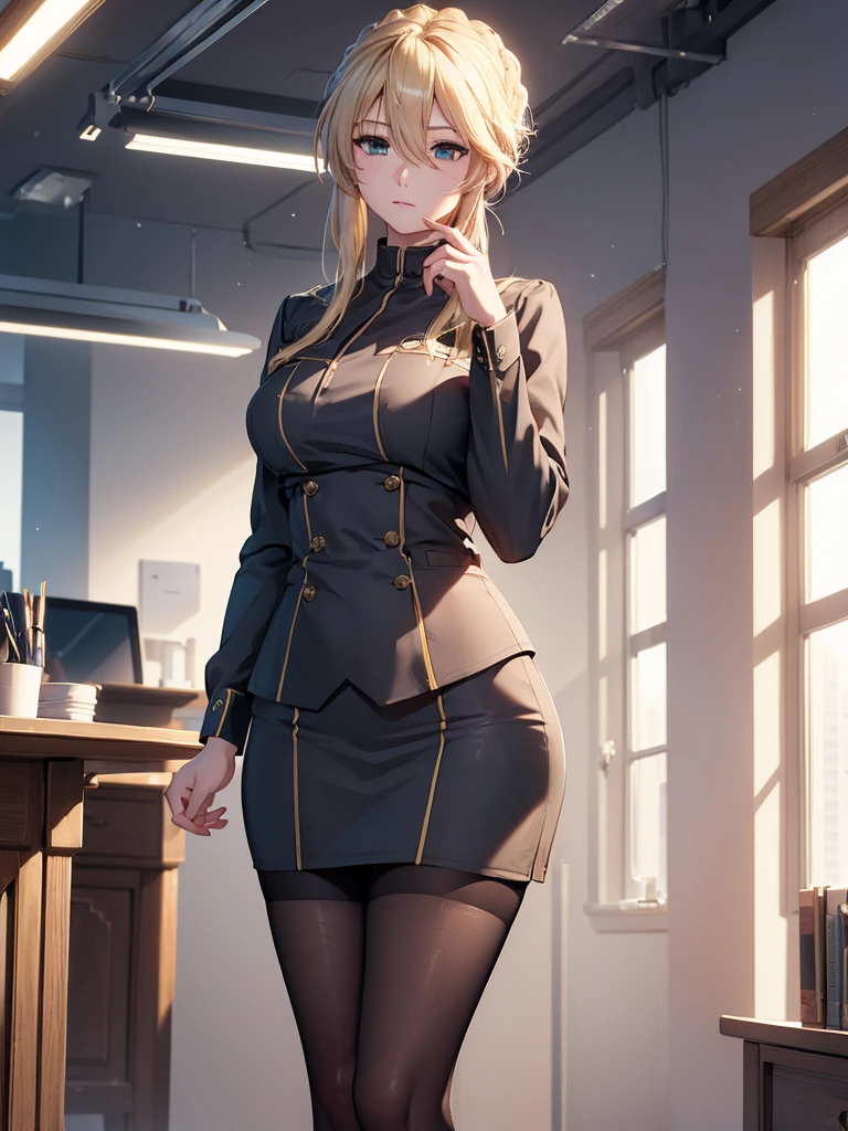 (masterpiece、top-quality、hight resolution、Unity 8k、extremely details CG:1,Best Picture), fully clothed, office lady, Pantyhose, artoriaLancer, braid, Blonde hair, thoughtful face, Pausing in silence to think