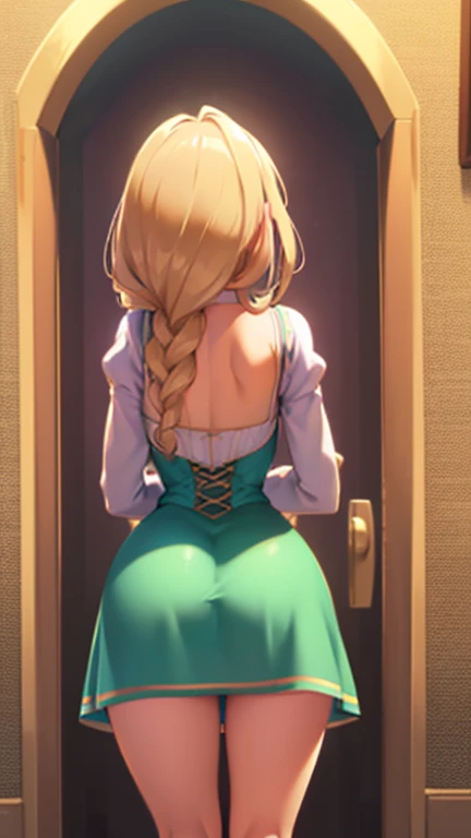 Rapundzel, busty, super hot, short dress, from behind, lookingat wiever