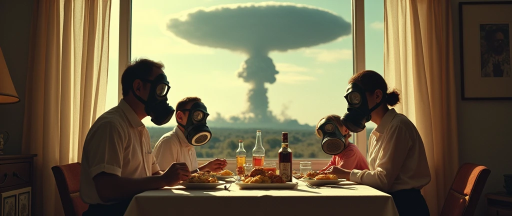 An ultra-realistic and highly detailed photograph from the 1960s. It depicts an American family having their breakfast on an ordinary day, but all are wearing gas masks due to the fear of an attack. In the background, the formation of a nuclear mushroom cloud is visible on the horizon due to the detonation of a nuclear bomb. The photograph is captured using equipment from the era. The image has a prize-winning quality and is shot with a Hasselblad 500C paired with an 80mm f/2.8 Planar lens, ensuring stunning clarity and rich details. The lighting is natural and soft, highlighting the contrast between the mundane scene and the looming disaster. The aspect ratio is 21:9, emphasizing the horizontal composition