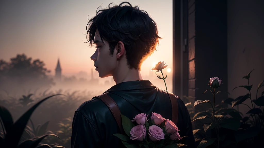 misty evening,(Lonely boy),((Holding flowers in his hand, he is looking into the distance)),(Back Shadow)The back side is dominant,sideface,in the darkness nigth,Volumetriclighting,4K,Award-Awarded,surreptitiously,low tune,deepshadow