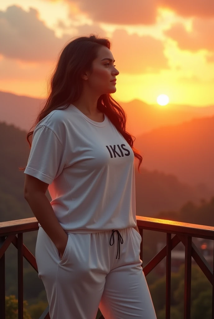 (photorealism:1.2), beautiful woman 35yo(so curvy body), standing in the balcony, wearing white printing t-shirts(text IKIS) and white pajama pants, long hair, sunrise, beautiful view panorama, detailed, relaxed wakeup from sleeping pose, realistic, intricate details, bright colors