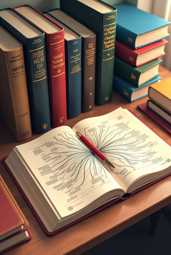 physic math biology and chemistry books on table, open copybook with mindmap