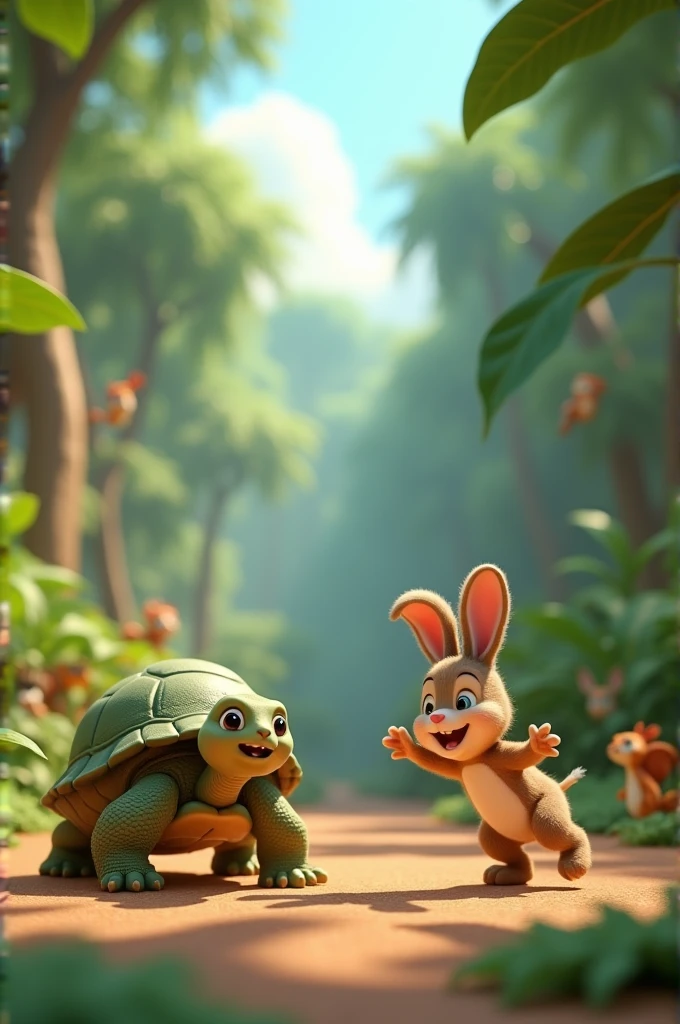 In 3d animation style"
1. **Image 1: The Jungle and the Characters**
- A lush, green jungle with tall trees and dense foliage. In the foreground, a small, energetic rabbit with a playful expression looks towards a calm, slow-moving tortoise. The scene is lively, with other jungle animals like birds and squirrels observing the two characters with curiosity"