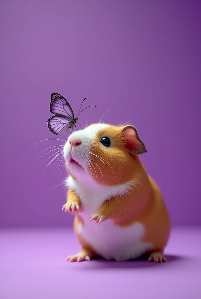 A guinea pig in front of a purple background with a purple butterfly on its nose