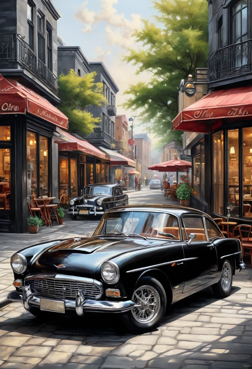   ( perfect anatomy )masterpiece, Exquisite, delicate, fresh and elegant aesthetic style airbrush digital oil painting exquisite artwork creates a refreshing morning coffee shop scene photo，

                  black classic car(Unique style)特寫black classic car( perfect anatomy ) Elegantly parked on the street next to a coffee shop.coffee shop scene masterpiece,

                             Very detailed, Realistic original photos, Best film quality, Extremely fine texture, High-quality work by a master artist
